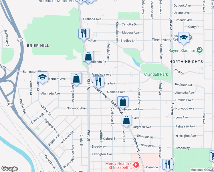 map of restaurants, bars, coffee shops, grocery stores, and more near 530 Catalina Avenue in Youngstown