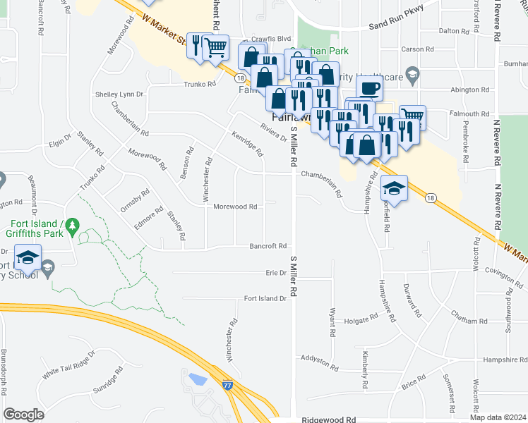 map of restaurants, bars, coffee shops, grocery stores, and more near 298 Kenridge Road in Fairlawn