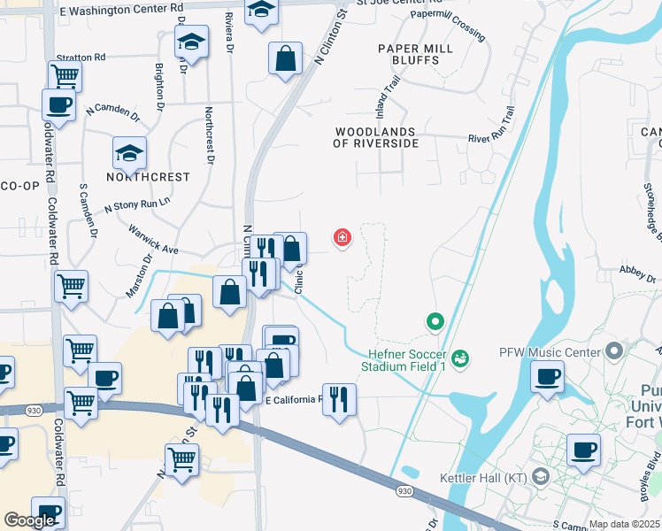 map of restaurants, bars, coffee shops, grocery stores, and more near 1405 Medical Park Drive in Fort Wayne