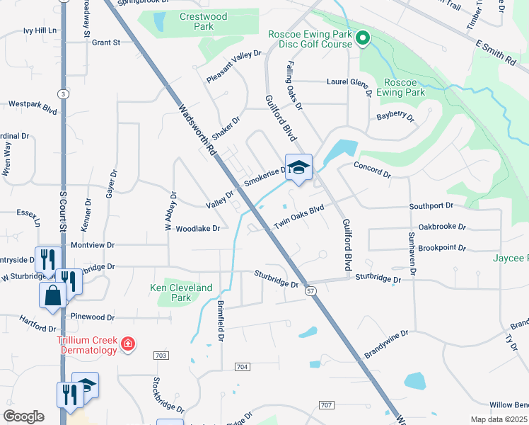 map of restaurants, bars, coffee shops, grocery stores, and more near 980 Wadsworth Road in Medina
