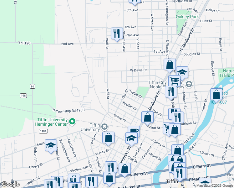map of restaurants, bars, coffee shops, grocery stores, and more near 232 Hall St in Tiffin