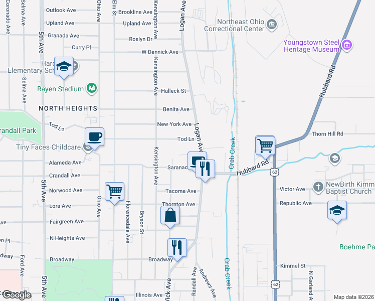 map of restaurants, bars, coffee shops, grocery stores, and more near 15 Tod Lane in Youngstown