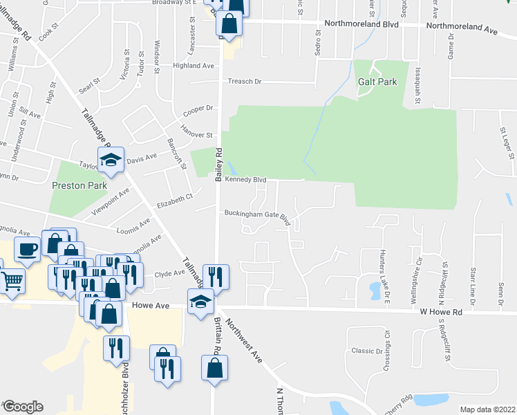 map of restaurants, bars, coffee shops, grocery stores, and more near 1417 Buckingham Gate Boulevard in Cuyahoga Falls