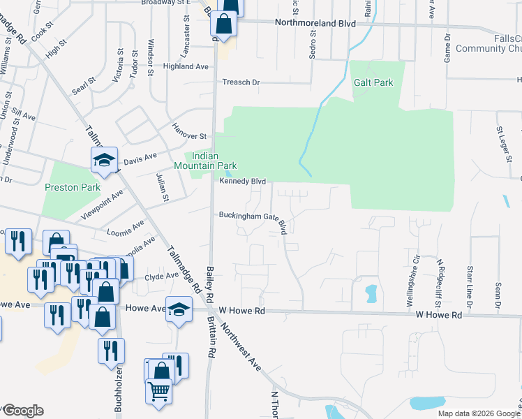 map of restaurants, bars, coffee shops, grocery stores, and more near 1405 Buckingham Gate Boulevard in Cuyahoga Falls