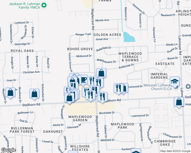 map of restaurants, bars, coffee shops, grocery stores, and more near 4522 Maplecrest Road in Fort Wayne