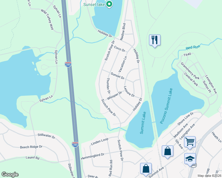 map of restaurants, bars, coffee shops, grocery stores, and more near 1004 Thunder Drive in Pocono Summit