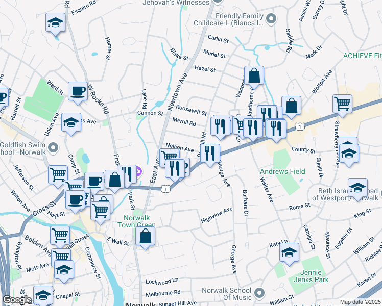map of restaurants, bars, coffee shops, grocery stores, and more near 17 Nelson Avenue in Norwalk
