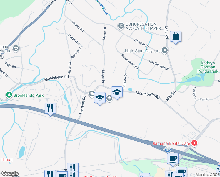 map of restaurants, bars, coffee shops, grocery stores, and more near 59 Montebello Road in Suffern