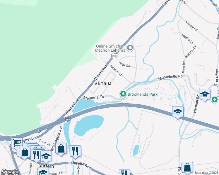 map of restaurants, bars, coffee shops, grocery stores, and more near 17 Utopian Avenue in Suffern