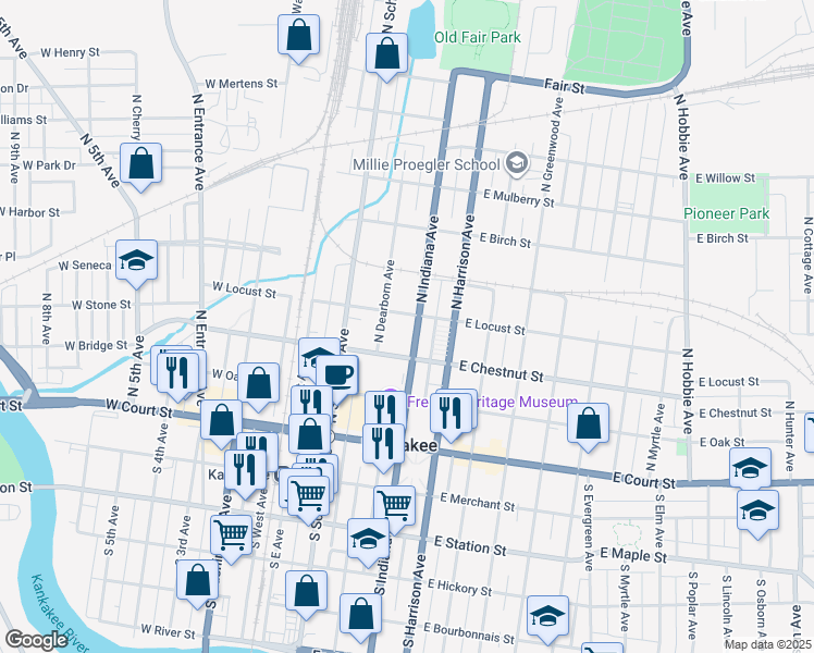map of restaurants, bars, coffee shops, grocery stores, and more near 367 East Locust Street in Kankakee