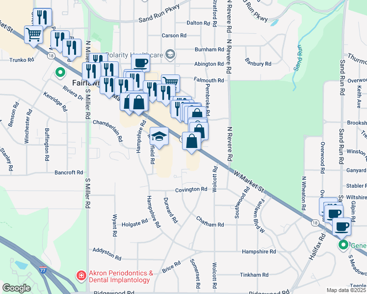 map of restaurants, bars, coffee shops, grocery stores, and more near 2700 West Market Street in Fairlawn