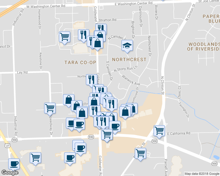 map of restaurants, bars, coffee shops, grocery stores, and more near 4916 South Camden Drive in Fort Wayne