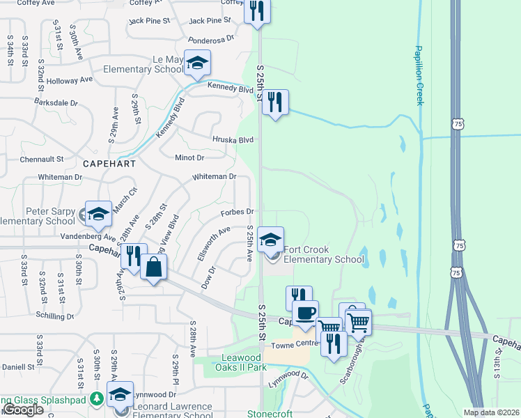map of restaurants, bars, coffee shops, grocery stores, and more near 12598 South 25th Street in Bellevue