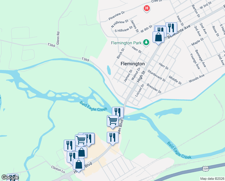 map of restaurants, bars, coffee shops, grocery stores, and more near 605 Canal Street in Flemington