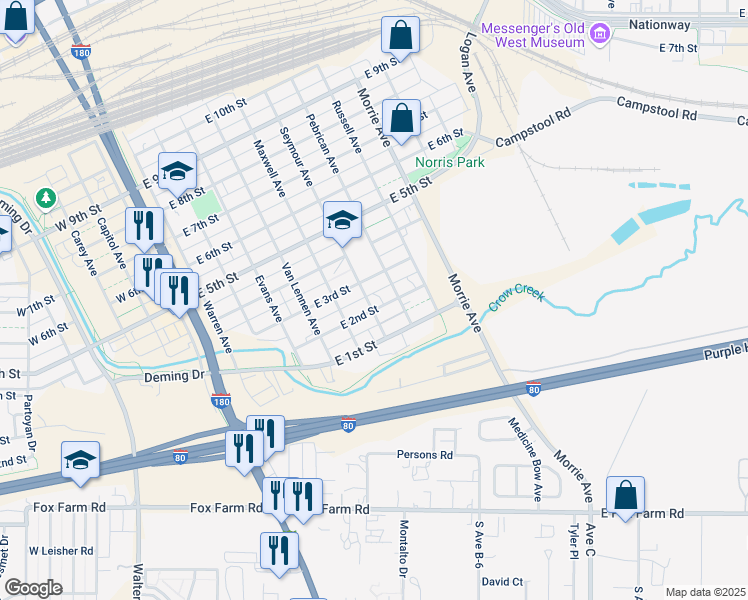 map of restaurants, bars, coffee shops, grocery stores, and more near 717 East 3rd Street in Cheyenne