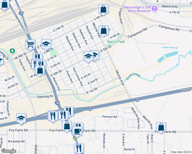 map of restaurants, bars, coffee shops, grocery stores, and more near 717 East 3rd Street in Cheyenne