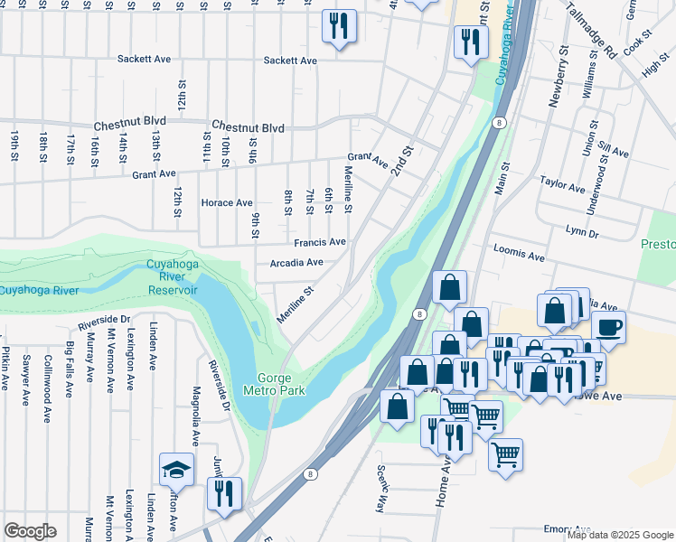 map of restaurants, bars, coffee shops, grocery stores, and more near 1408 Meriline Street in Cuyahoga Falls