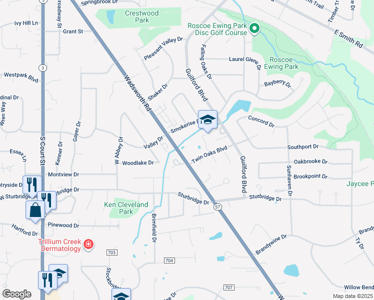 map of restaurants, bars, coffee shops, grocery stores, and more near 980 Wadsworth Road in Medina