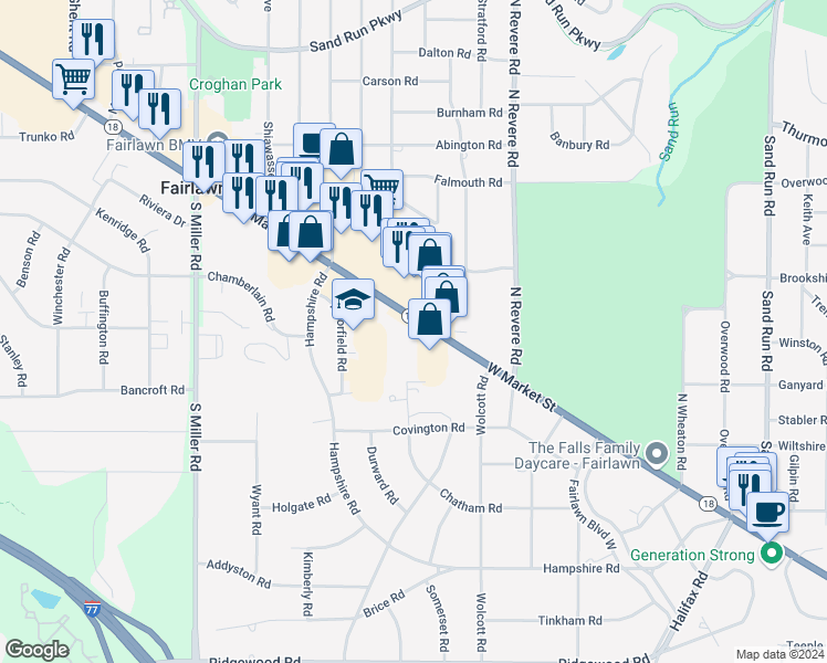 map of restaurants, bars, coffee shops, grocery stores, and more near 2700 West Market Street in Fairlawn