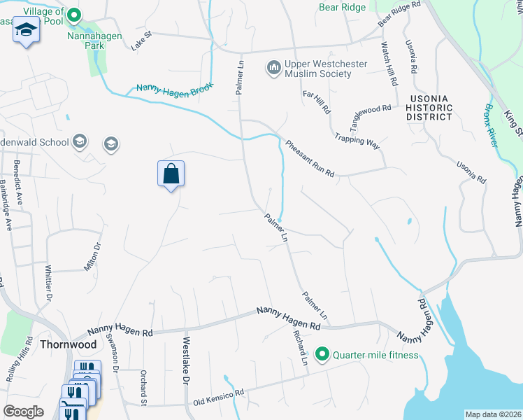 map of restaurants, bars, coffee shops, grocery stores, and more near 196 Palmer Lane in Pleasantville