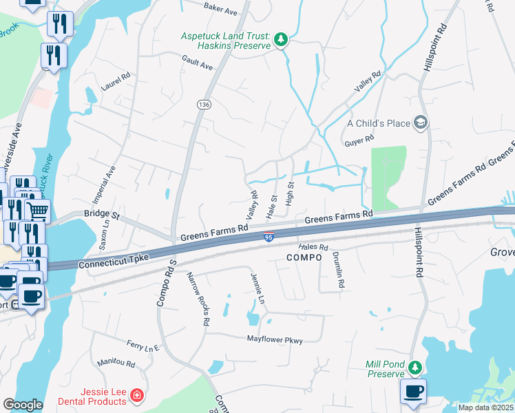 map of restaurants, bars, coffee shops, grocery stores, and more near 107 Valley Road in Westport