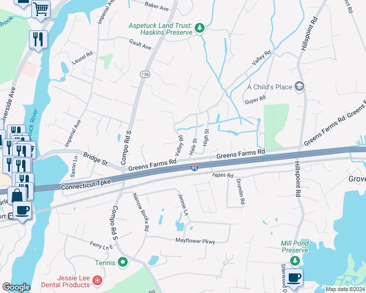 map of restaurants, bars, coffee shops, grocery stores, and more near 107 Valley Road in Westport