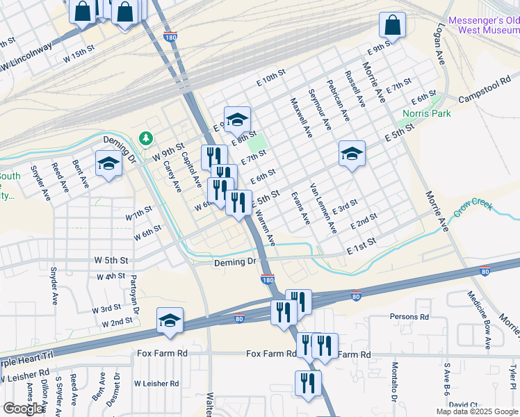 map of restaurants, bars, coffee shops, grocery stores, and more near 200 East 5th Street in Cheyenne