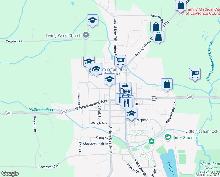 map of restaurants, bars, coffee shops, grocery stores, and more near 350 Wood Street in New Wilmington