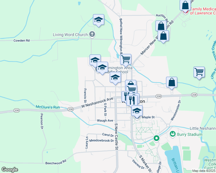 map of restaurants, bars, coffee shops, grocery stores, and more near 400 Wood Street in New Wilmington