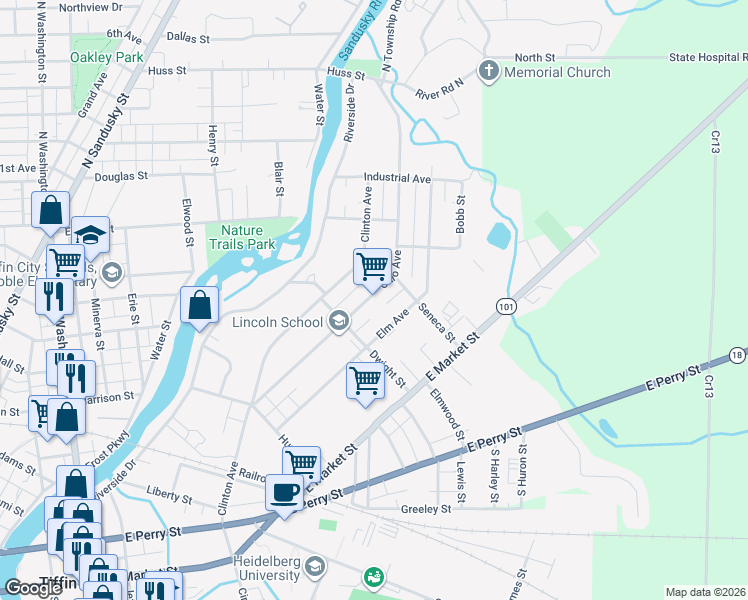 map of restaurants, bars, coffee shops, grocery stores, and more near 215 Ohio Ave in Tiffin