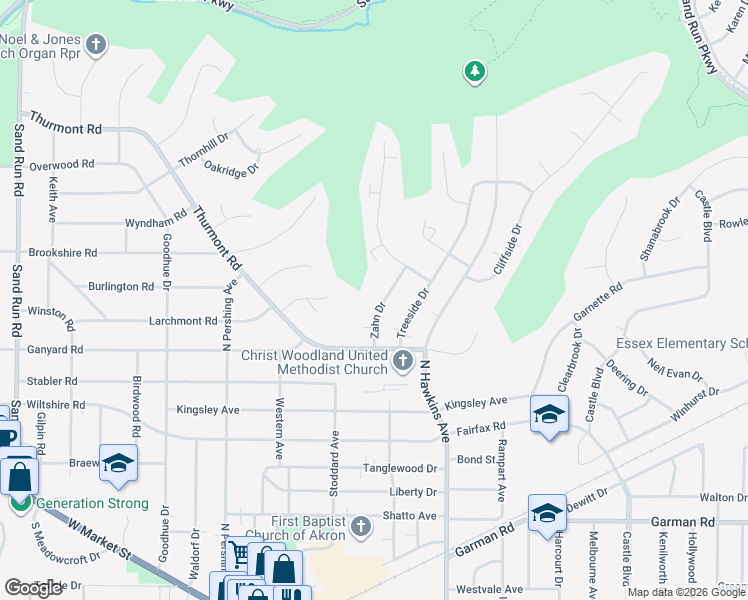map of restaurants, bars, coffee shops, grocery stores, and more near 480 Zahn Drive in Akron
