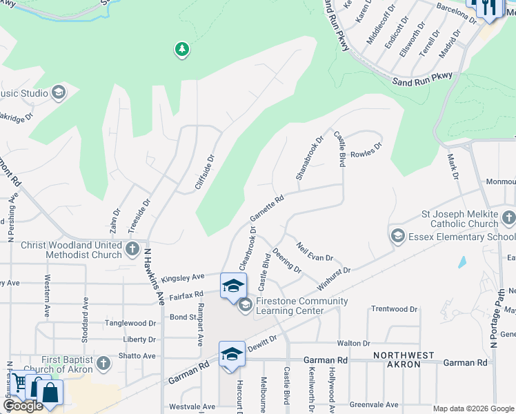map of restaurants, bars, coffee shops, grocery stores, and more near 574 Garnette Road in Akron