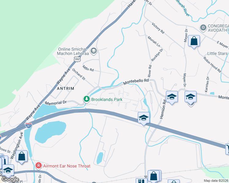 map of restaurants, bars, coffee shops, grocery stores, and more near 423 Pawnee Court in Suffern
