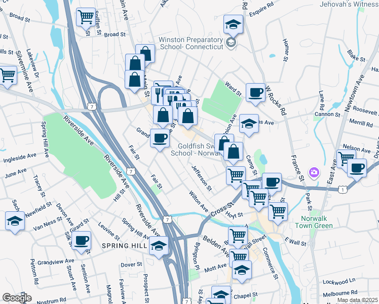 map of restaurants, bars, coffee shops, grocery stores, and more near 21 West Main Street in Norwalk