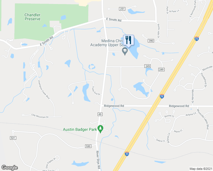 map of restaurants, bars, coffee shops, grocery stores, and more near 5535 River Styx Road in Medina