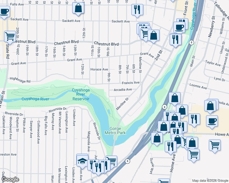 map of restaurants, bars, coffee shops, grocery stores, and more near 844 Arcadia Avenue in Cuyahoga Falls