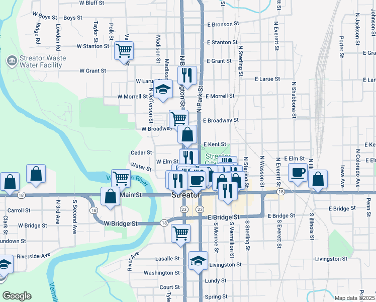 map of restaurants, bars, coffee shops, grocery stores, and more near 310 North Park Street in Streator