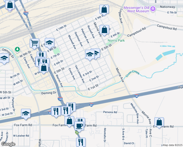 map of restaurants, bars, coffee shops, grocery stores, and more near 614 East 3rd Street in Cheyenne