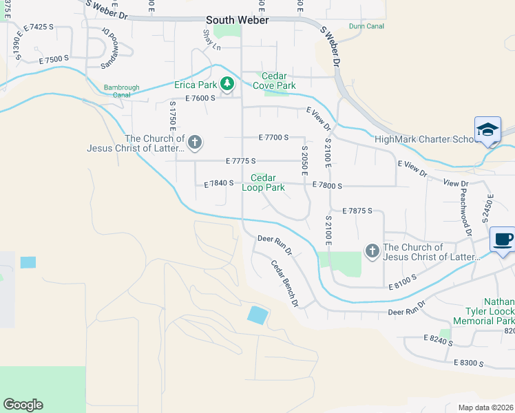 map of restaurants, bars, coffee shops, grocery stores, and more near 1953 East Cedar Loop Drive in South Weber