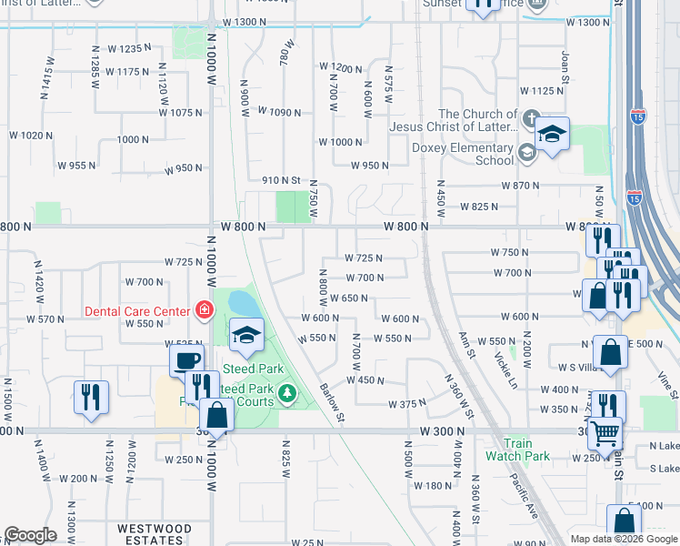map of restaurants, bars, coffee shops, grocery stores, and more near 780 West 725 North in Clearfield