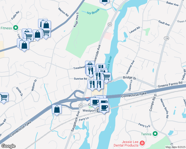 map of restaurants, bars, coffee shops, grocery stores, and more near 20 Saugatuck Avenue in Westport