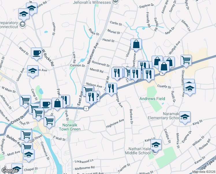 map of restaurants, bars, coffee shops, grocery stores, and more near 19 Dry Hill Road in Norwalk