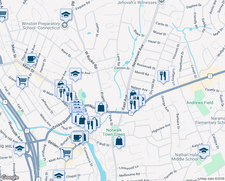 map of restaurants, bars, coffee shops, grocery stores, and more near 24 France Street in Norwalk