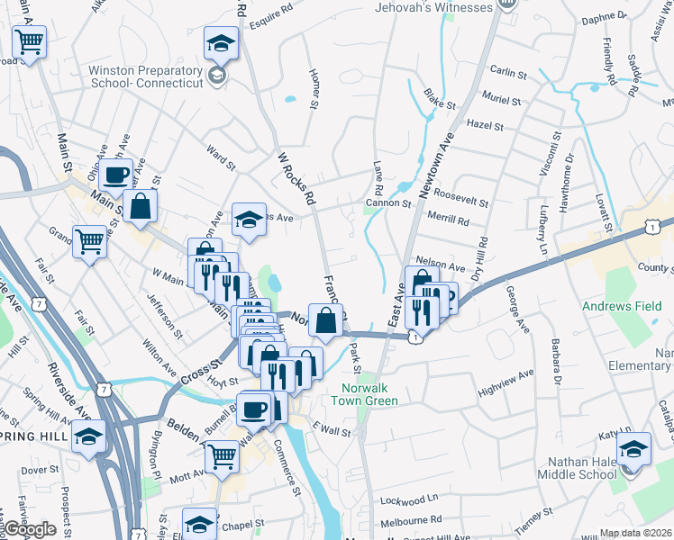 map of restaurants, bars, coffee shops, grocery stores, and more near in Norwalk