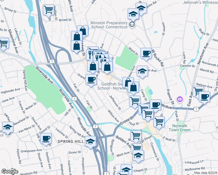 map of restaurants, bars, coffee shops, grocery stores, and more near 25 West Main Street in Norwalk