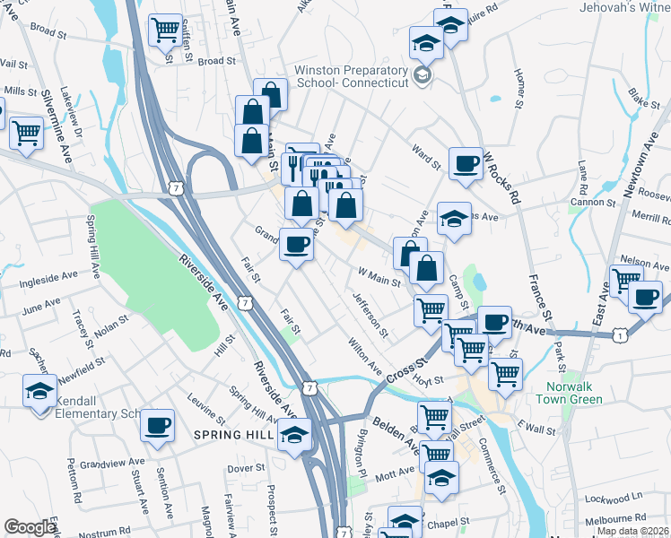 map of restaurants, bars, coffee shops, grocery stores, and more near 25 West Main Street in Norwalk