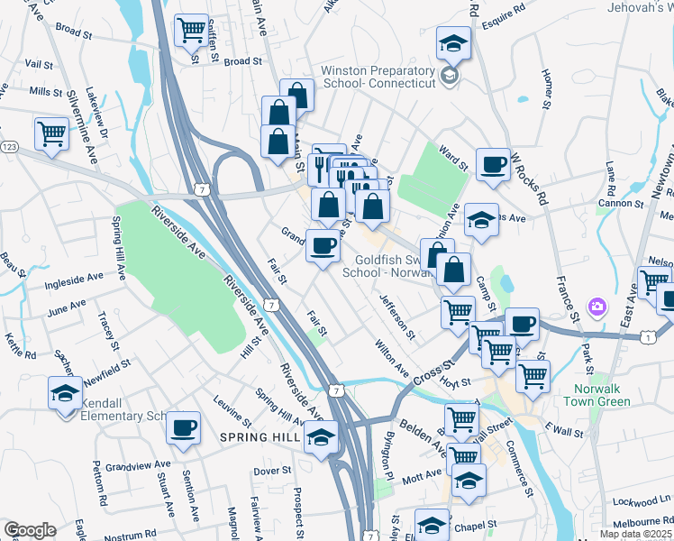 map of restaurants, bars, coffee shops, grocery stores, and more near 2 Grand Street in Norwalk