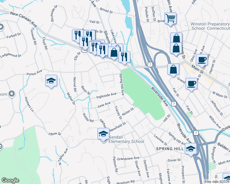 map of restaurants, bars, coffee shops, grocery stores, and more near 102 Spring Hill Avenue in Norwalk