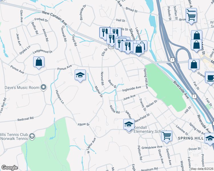 map of restaurants, bars, coffee shops, grocery stores, and more near 20 Norvel Road in Norwalk