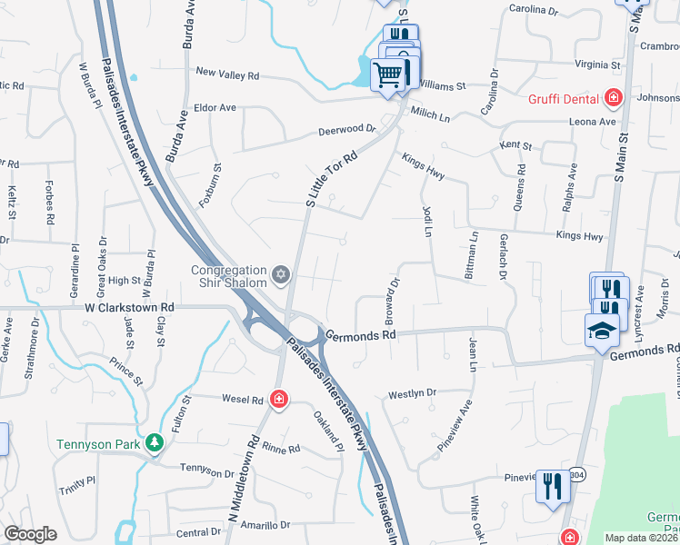 map of restaurants, bars, coffee shops, grocery stores, and more near 15 Blue Willow Lane in New City